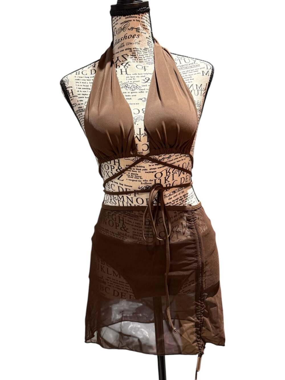 NWT Cupshe Brown 3-Piece Bikini Set with Mesh Cover-Up Skirt – Size Medium